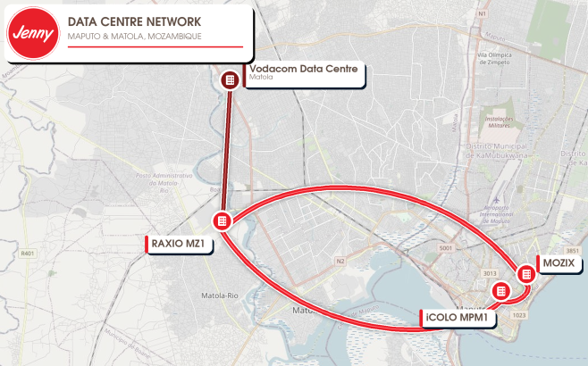 Map of Jenny’s Maputo data centre fibre network connecting RAXIO MZ1, MOZIX, iCOLO MPM1 and Vodacom Data Centre Matola.